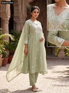 Pista Green Mul Chanderi  Embriodery Aline Suit Set