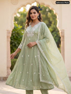Pista Green Mul Chanderi  Embriodery Aline Suit Set