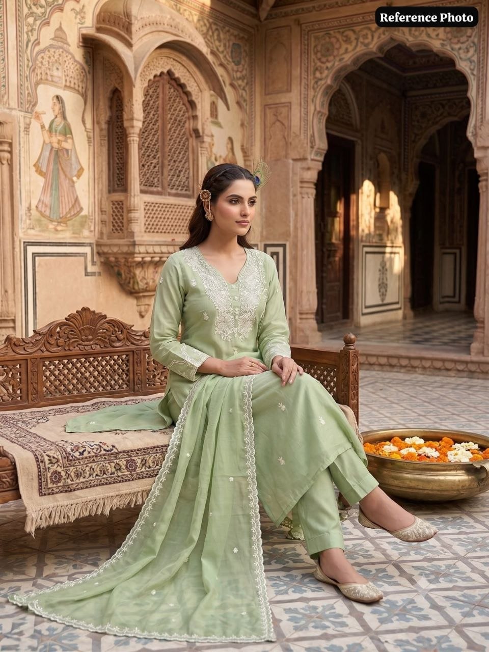 Pista Green Mul Chanderi  Embriodery Aline Suit Set
