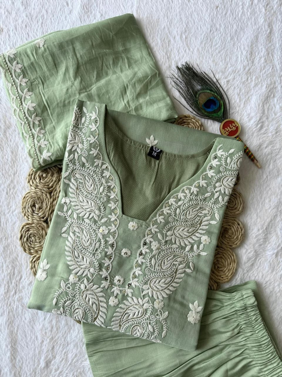 Pista Green Mul Chanderi  Embriodery Aline Suit Set