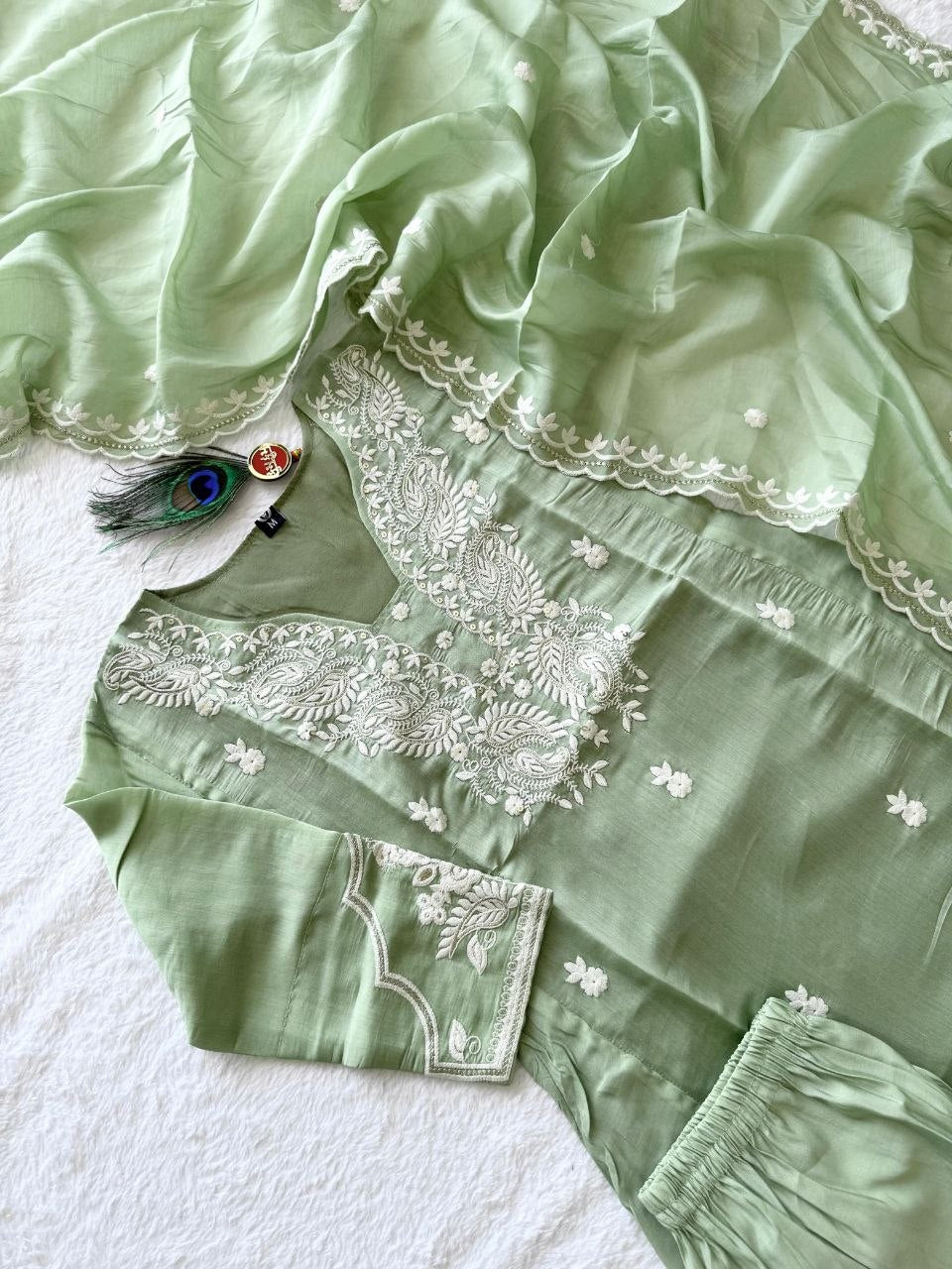 Pista Green Mul Chanderi  Embriodery Aline Suit Set