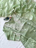 Pista Green Mul Chanderi  Embriodery Aline Suit Set