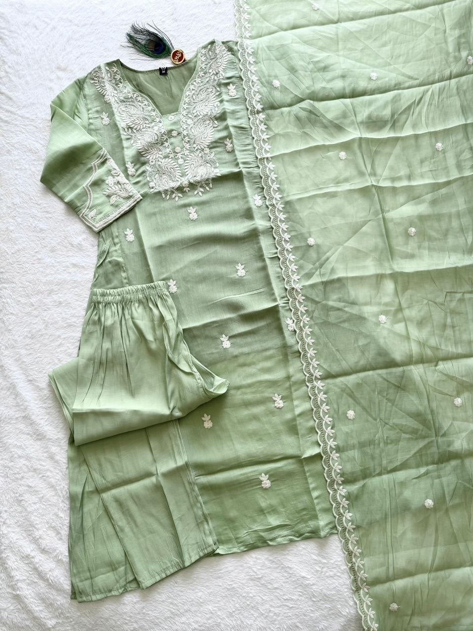 Pista Green Mul Chanderi  Embriodery Aline Suit Set