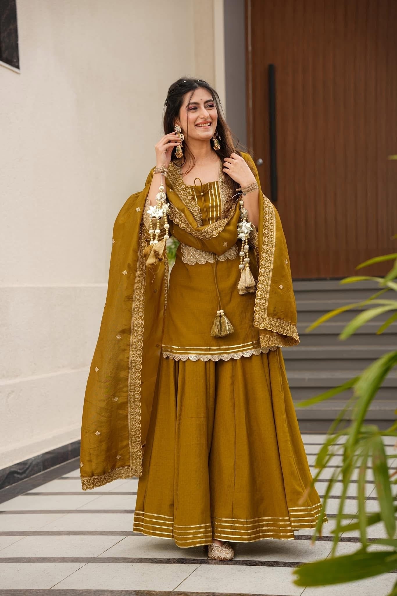 Mustard Chinon Silk Party Wear Palazzo Set Suit