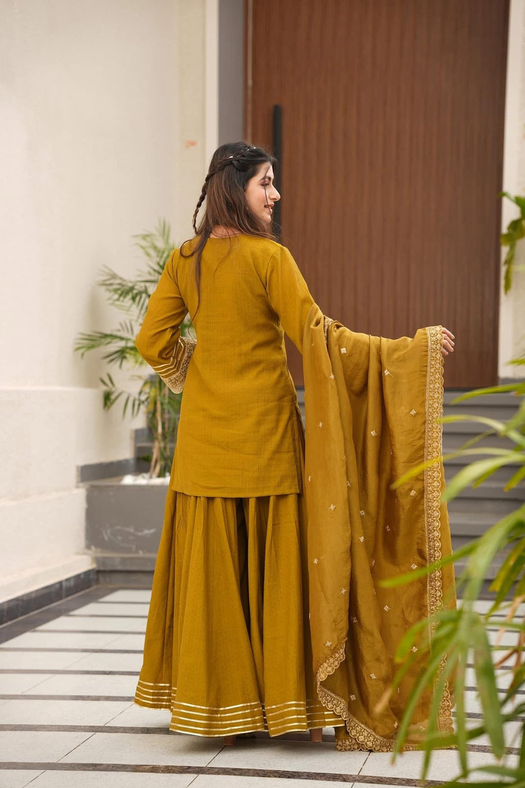 Mustard Chinon Silk Party Wear Palazzo Set Suit