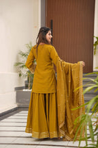 Mustard Chinon Silk Party Wear Palazzo Set Suit