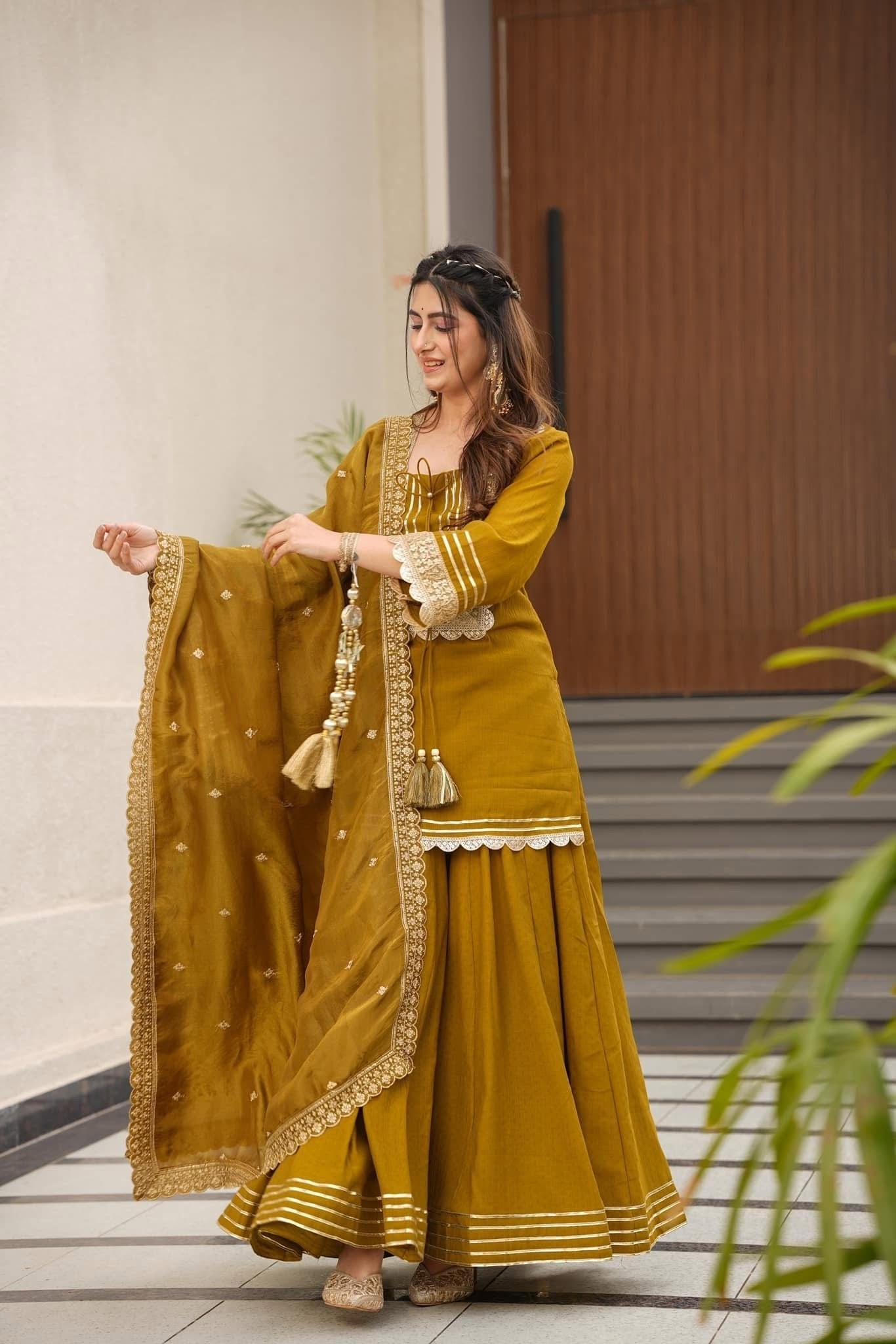 Mustard Chinon Silk Party Wear Palazzo Set Suit