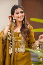 Mustard Chinon Silk Party Wear Palazzo Set Suit