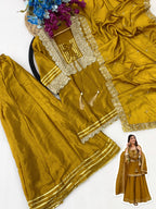 Mustard Chinon Silk Party Wear Palazzo Set Suit