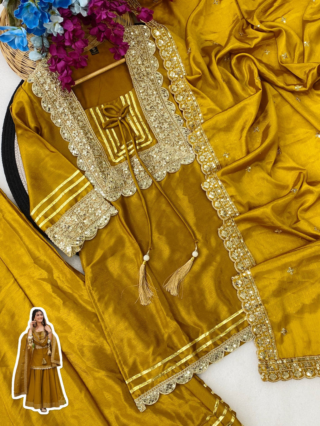 Mustard Chinon Silk Party Wear Palazzo Set Suit