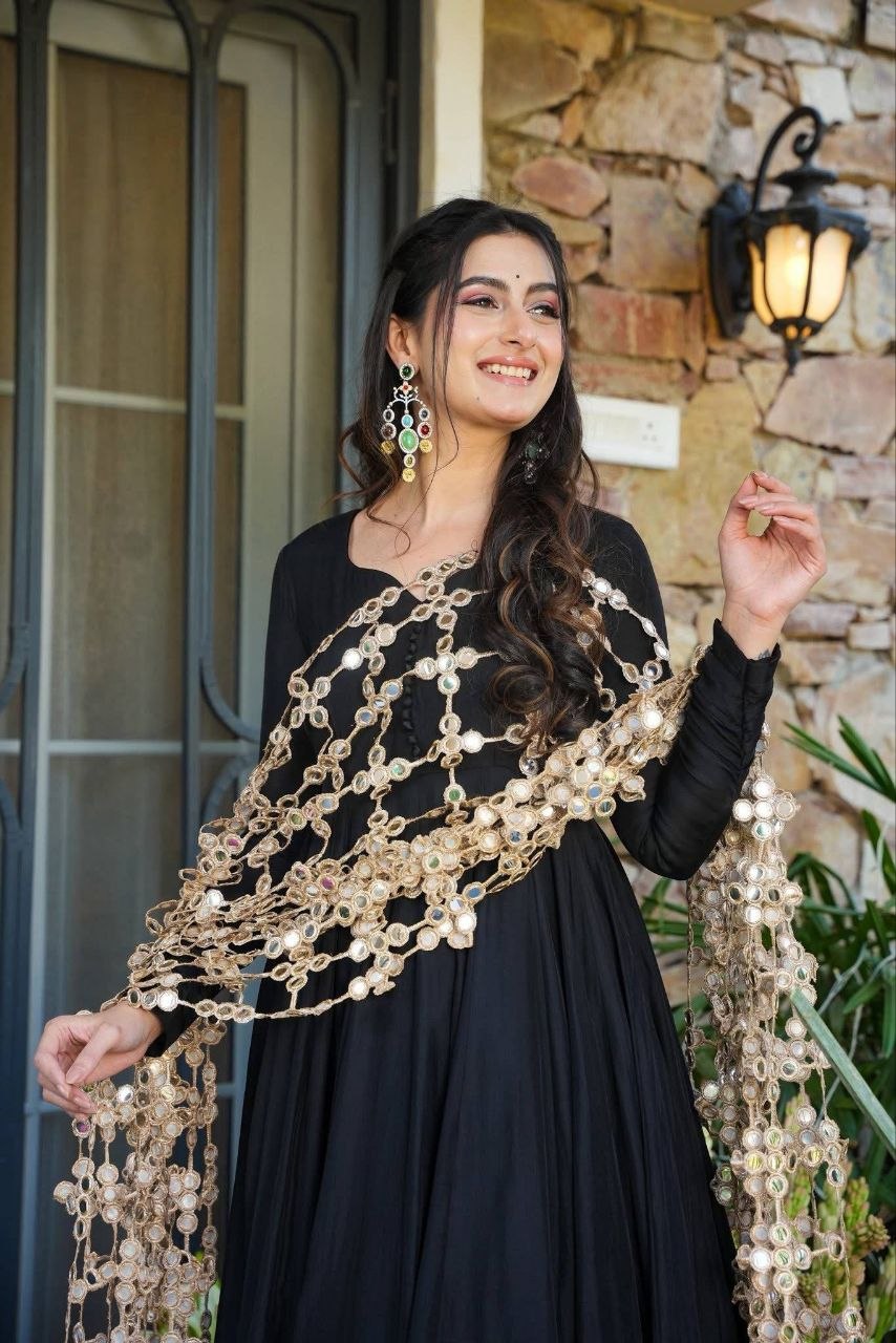 Super Trendy Mirror Work Gown Dupatta Set