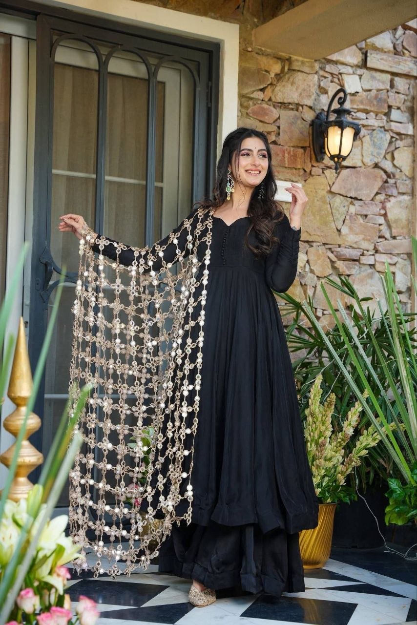 Super Trendy Mirror Work Gown Dupatta Set