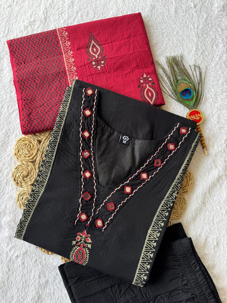 Black Cotton Aline Handwork Suit Set
