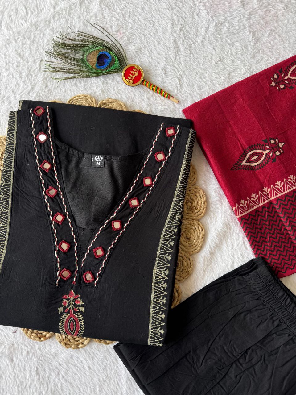 Black Cotton Aline Handwork Suit Set