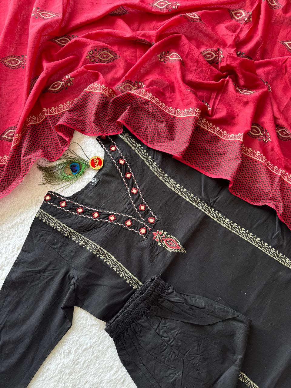 Black Cotton Aline Handwork Suit Set