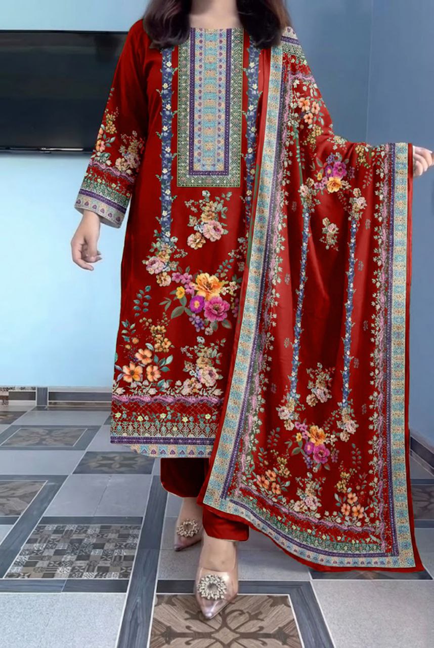 Floral Maslin Silk Three Piece Suit