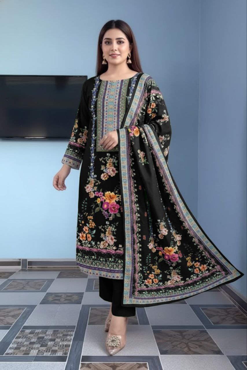 Floral Maslin Silk Three Piece Suit