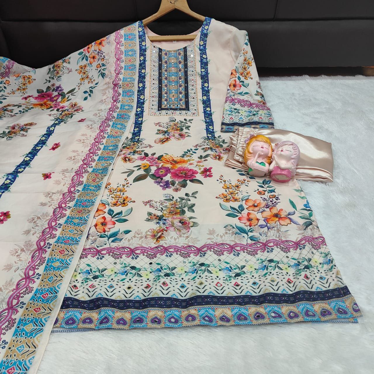 Floral Maslin Silk Three Piece Suit