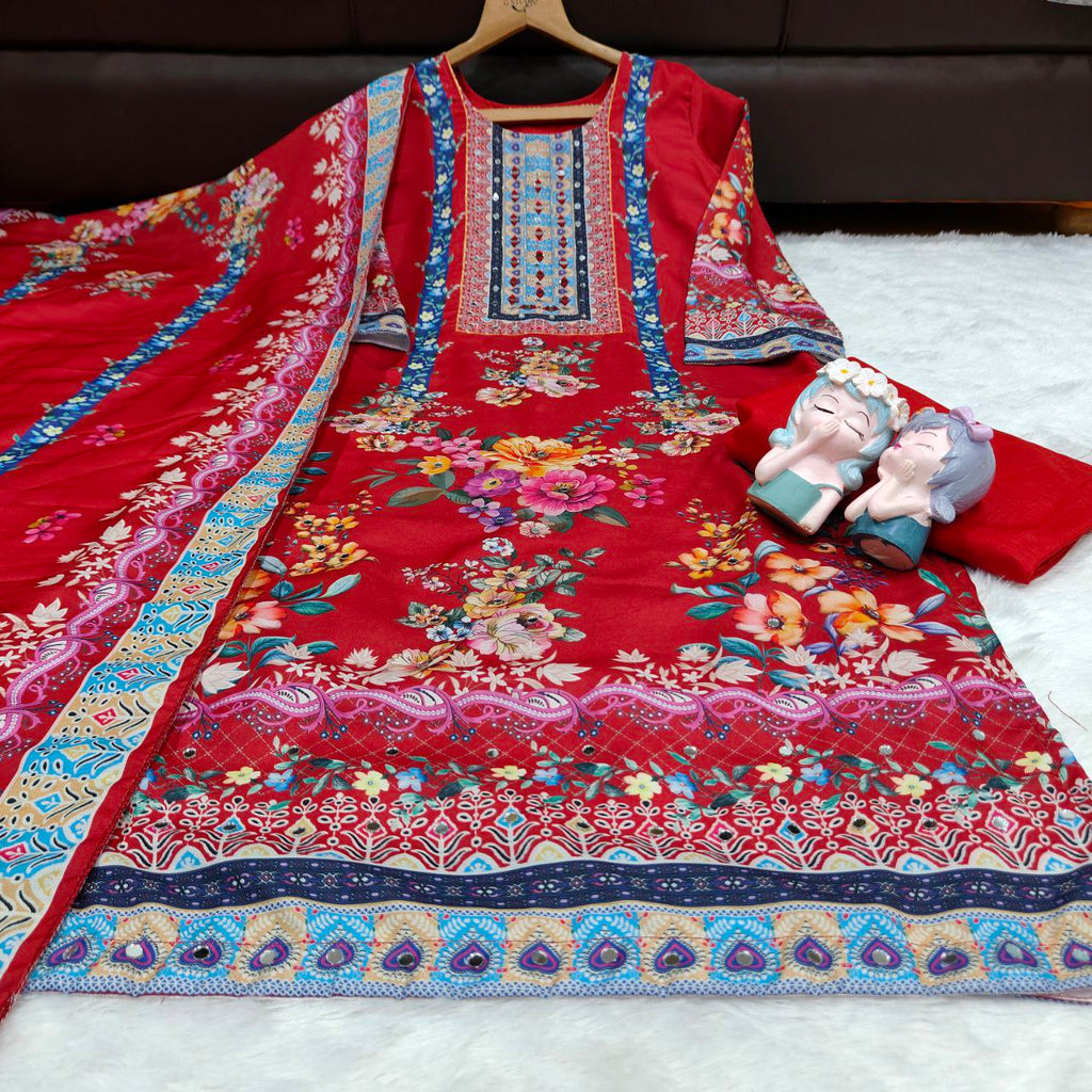 Floral Maslin Silk Three Piece Suit