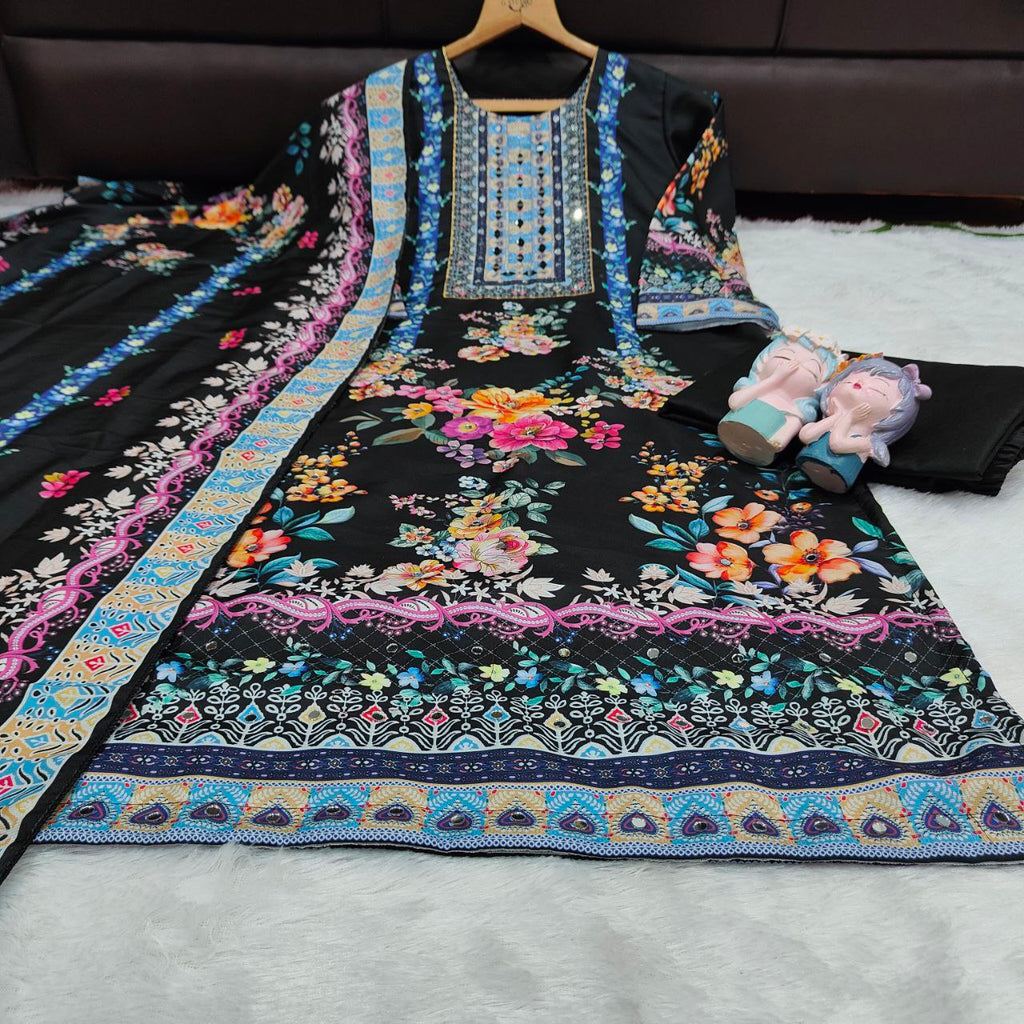 Floral Maslin Silk Three Piece Suit