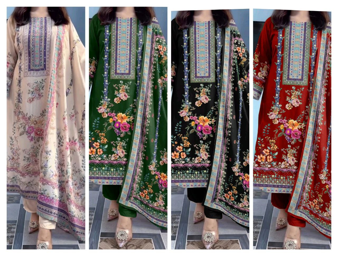 Floral Maslin Silk Three Piece Suit