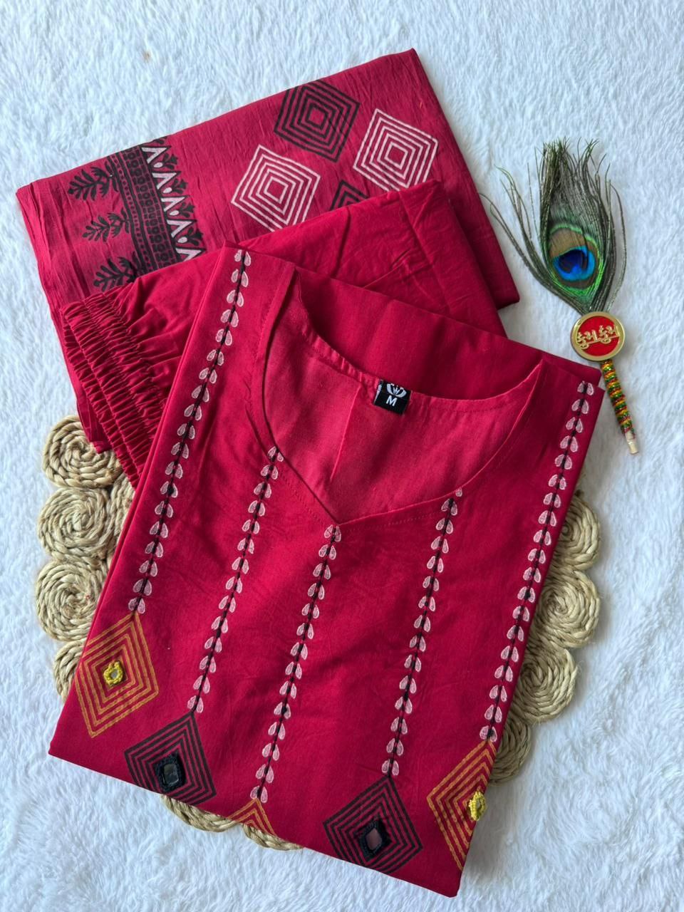 Cherry Cotton Handwork Straight Suit Set