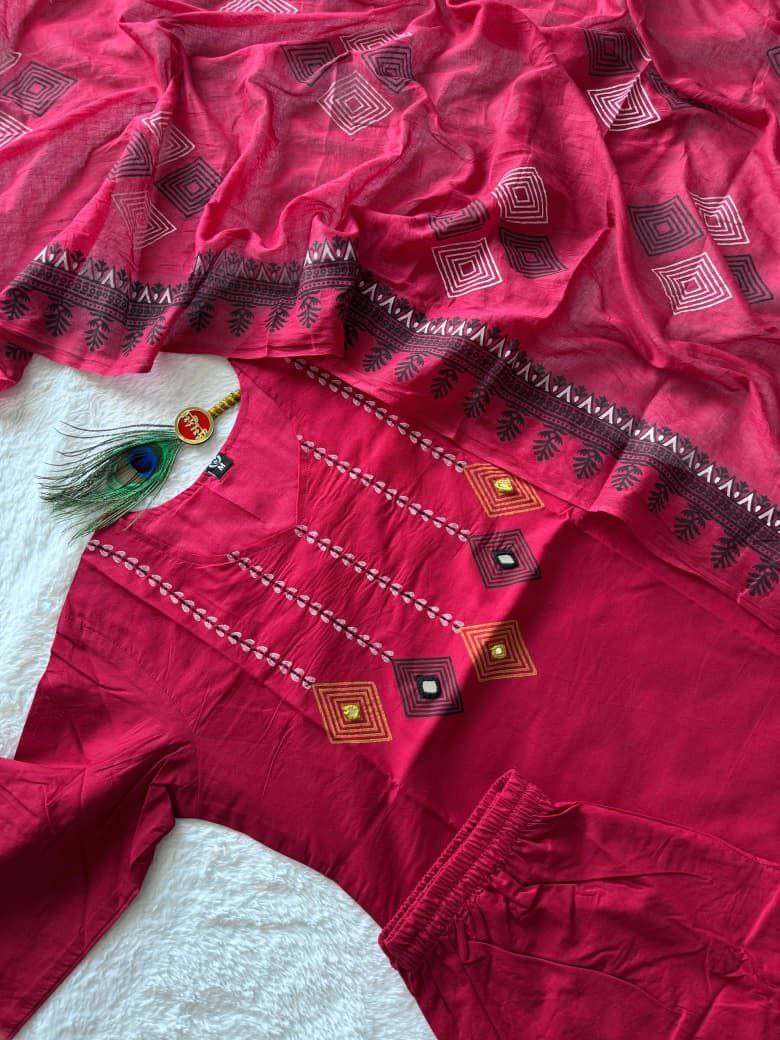 Cherry Cotton Handwork Straight Suit Set