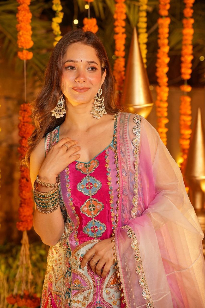 Multicolor Party Wear Chinon Silk Sharara Set