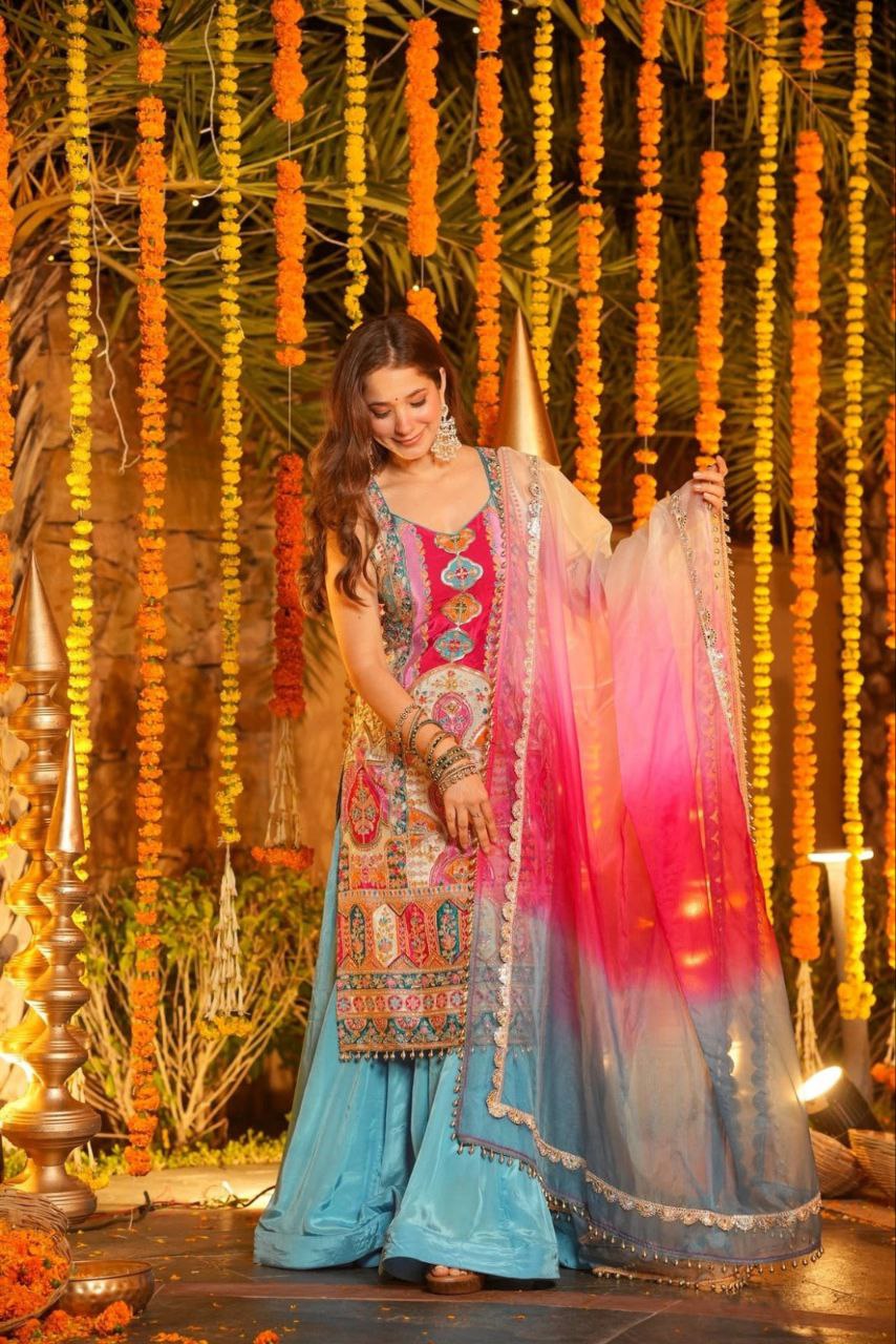 Multicolor Party Wear Chinon Silk Sharara Set