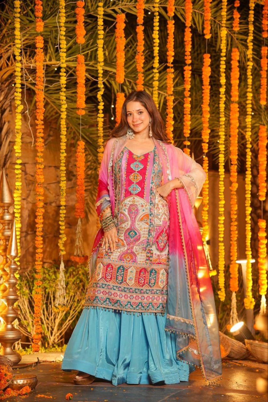 Multicolor Party Wear Chinon Silk Sharara Set