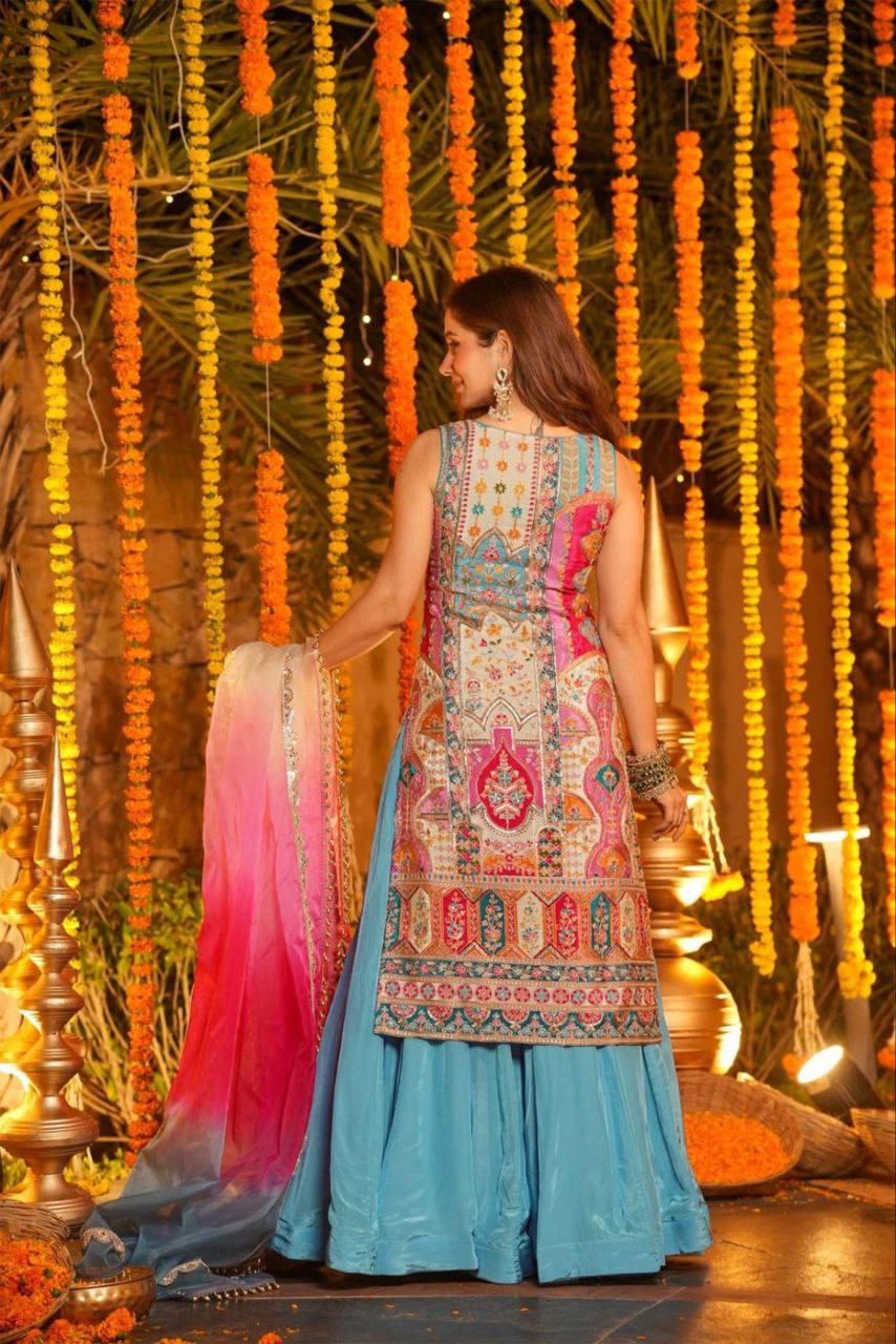 Multicolor Party Wear Chinon Silk Sharara Set