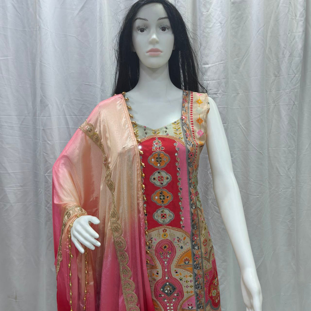 Multicolor Party Wear Chinon Silk Sharara Set