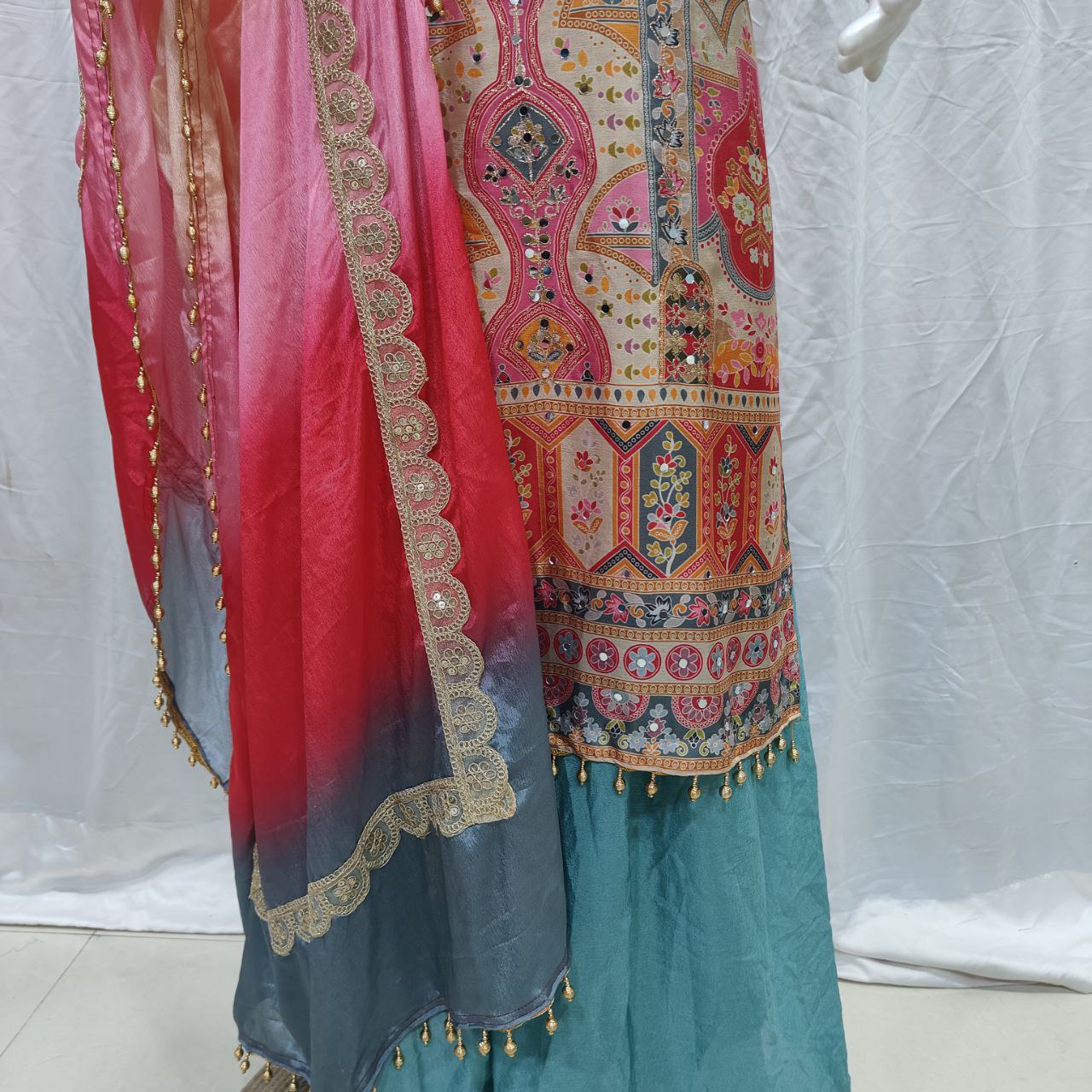 Multicolor Party Wear Chinon Silk Sharara Set
