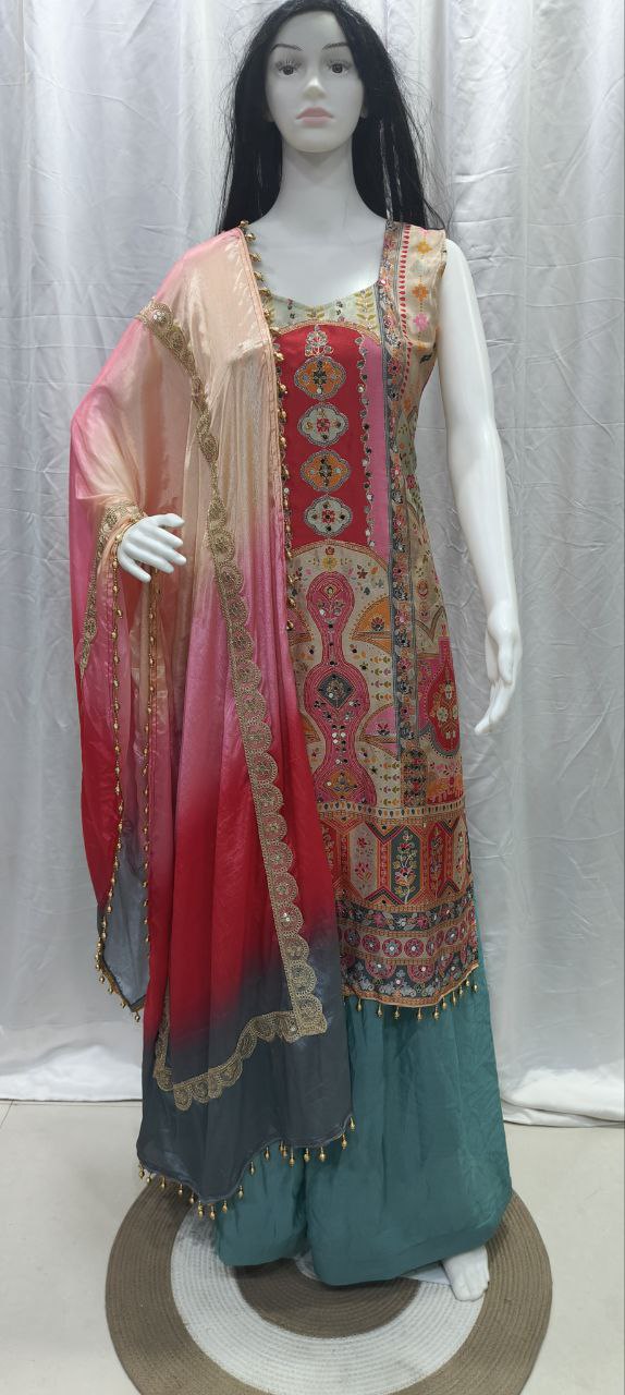 Multicolor Party Wear Chinon Silk Sharara Set