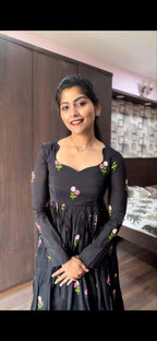 Black Cotton Floral Embriodered Maxi Dress