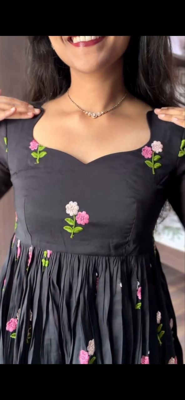 Black Cotton Floral Embriodered Maxi Dress