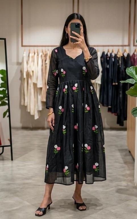 Black Cotton Floral Embriodered Maxi Dress