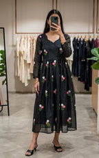 Black Cotton Floral Embriodered Maxi Dress