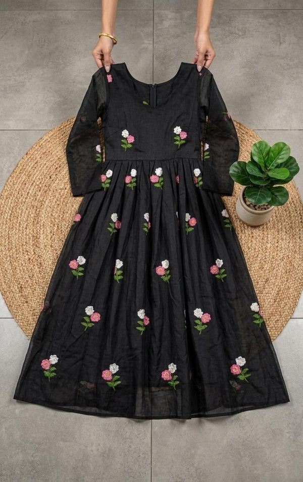 Black Cotton Floral Embriodered Maxi Dress