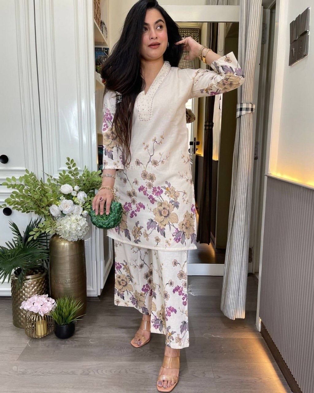 Off White Linen Floral Co-ord Set