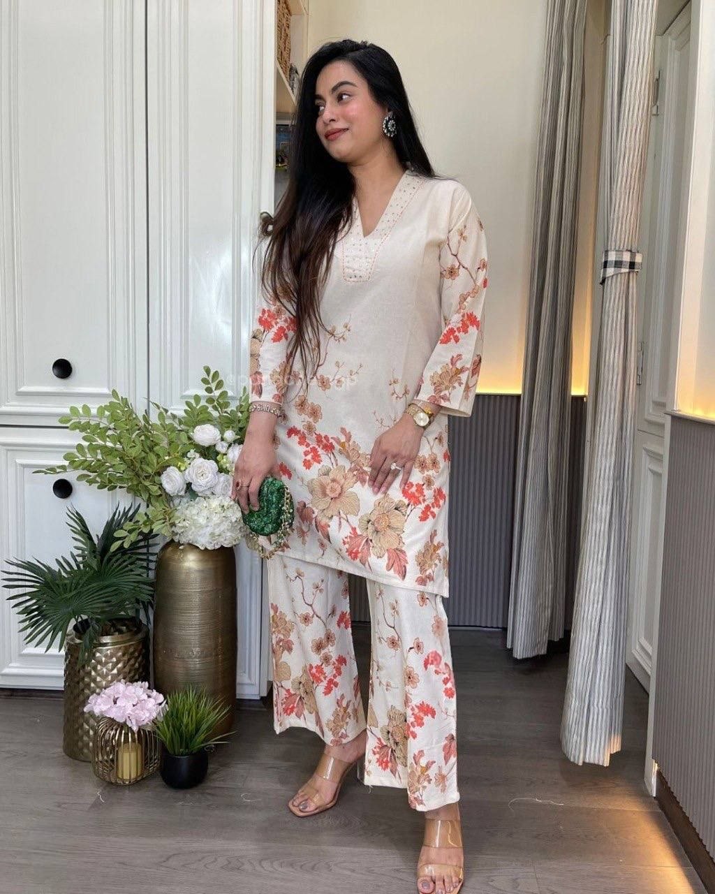 Off White Linen Floral Co-ord Set