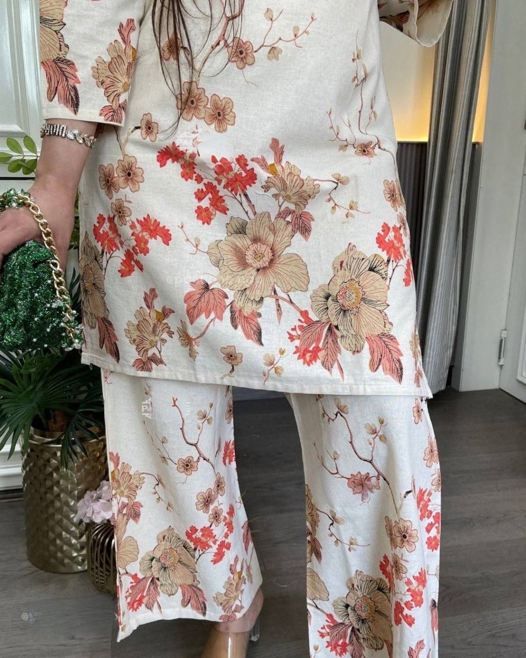 Off White Linen Floral Co-ord Set