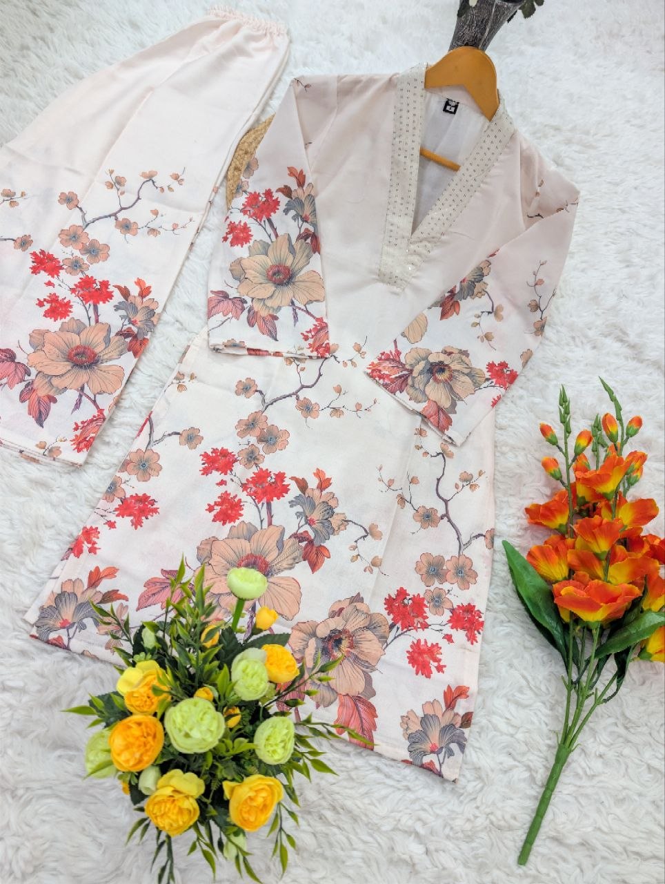Off White Linen Floral Co-ord Set