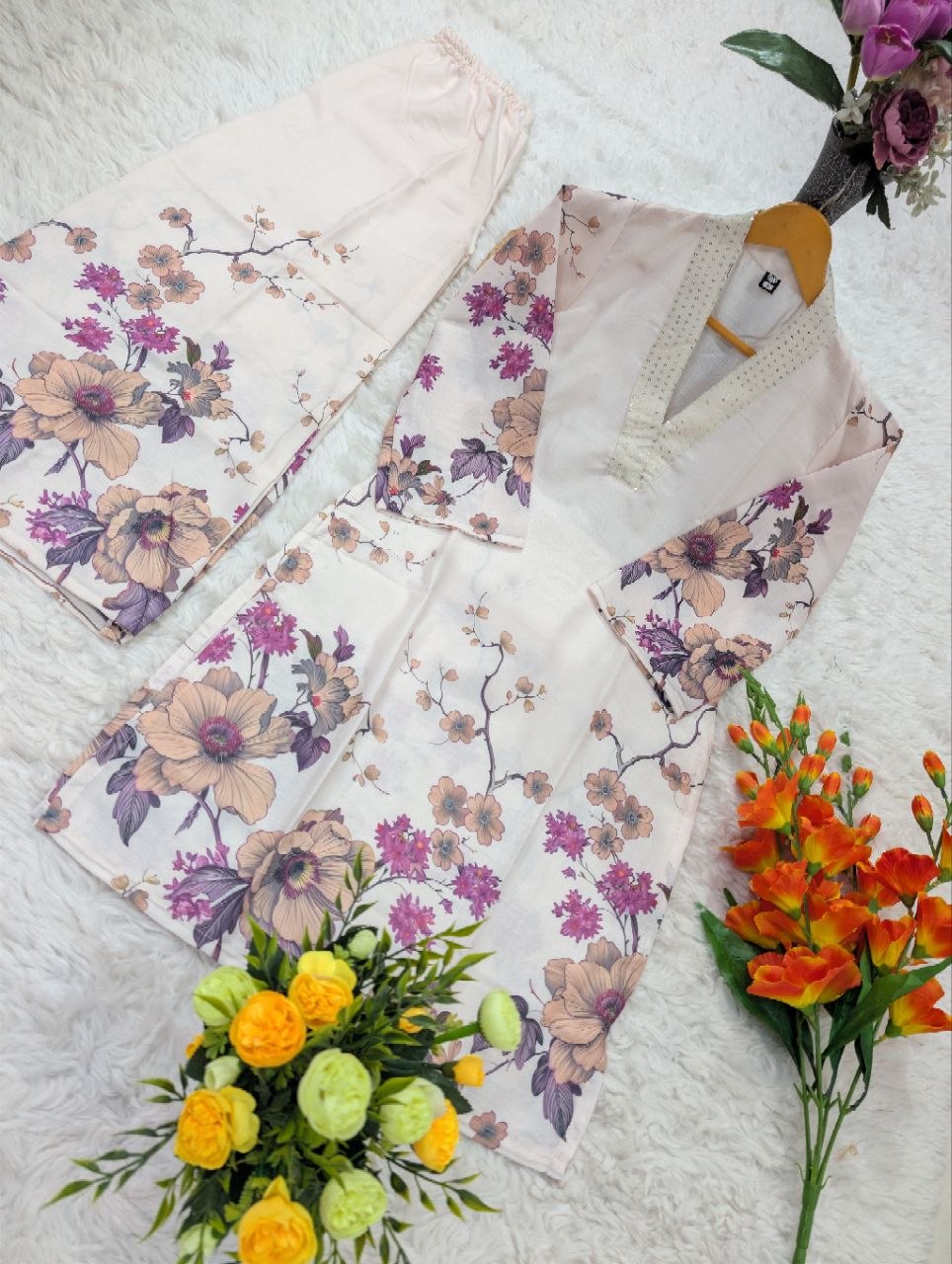 Off White Linen Floral Co-ord Set