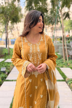 Msutard Roman Silk Embriodery Straight Suit Set
