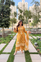 Msutard Roman Silk Embriodery Straight Suit Set