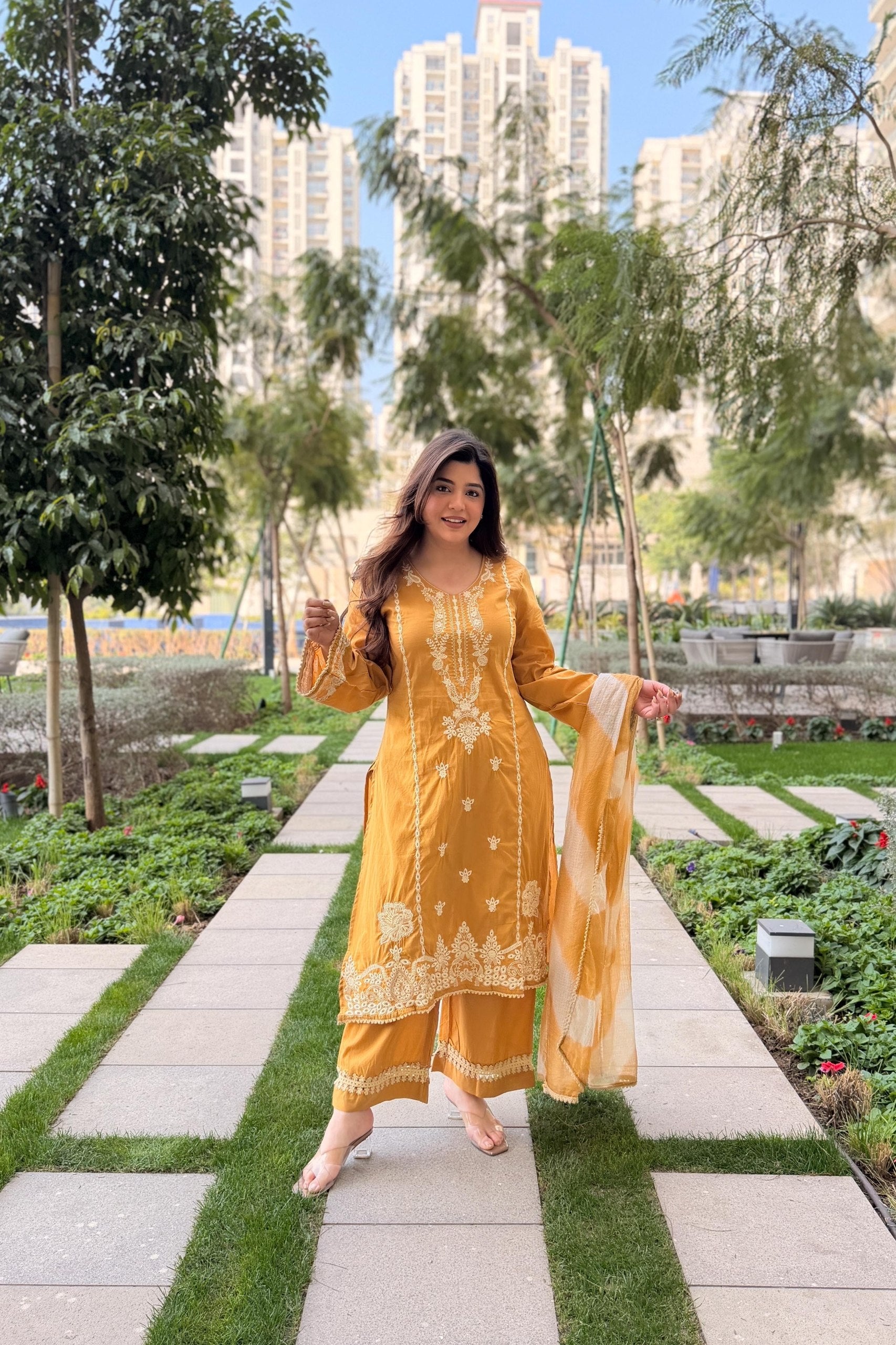 Msutard Roman Silk Embriodery Straight Suit Set