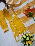 Msutard Roman Silk Embriodery Straight Suit Set
