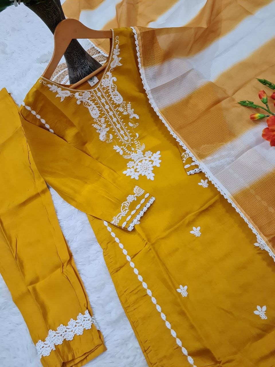 Msutard Roman Silk Embriodery Straight Suit Set