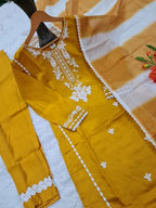 Msutard Roman Silk Embriodery Straight Suit Set